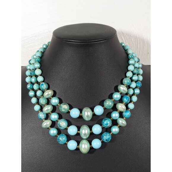 Estate Jewelry - Vintage Japan Aqua Blue Pearlized Lucite Triple Strand Choker Necklace 17"